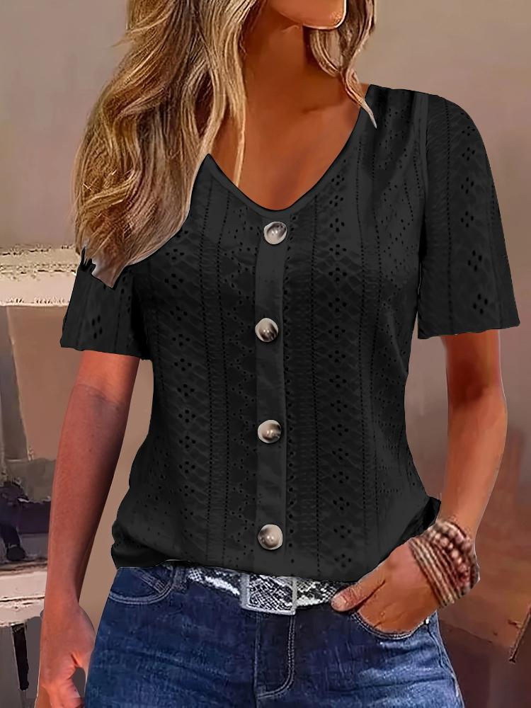 Autumn New Style Pure Color Jacquard V-neck Button Short-sleeved T-shirt Top