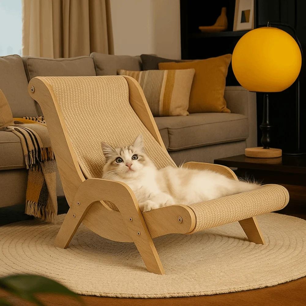 Wooden 1 in 1 Cat Sisal Chair Wear-Resistant Moisture-proof Cat Sofa Bed Elevated Breathable Cat Hammock Bed for Cats/Dogs