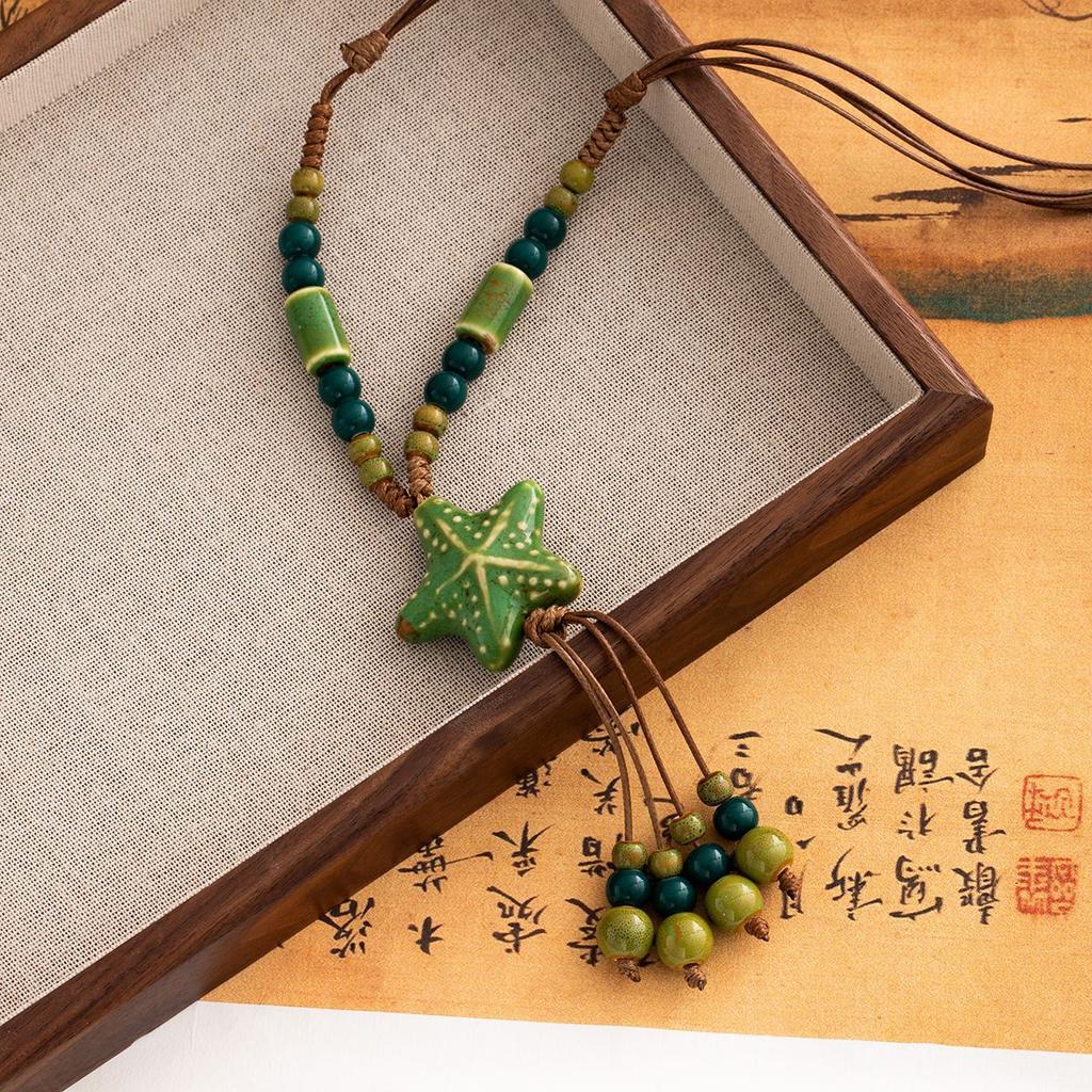 Color Ceramic Beaded Star Necklace Bohemian Retro Neck Chain Ethnic Style Woven Long Necklace