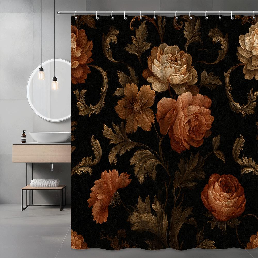 

Dark Brown Floral Shower Curtain Elegant Rose Pattern Vintage Baroque Style Luxurious Bathroom Decor Waterproof Quick Setup W60H190(CM)-1 Pcs