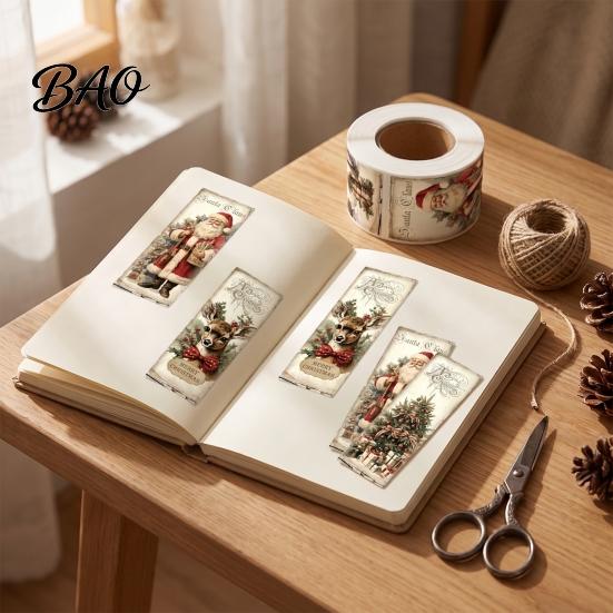 Retro Illustrated Gift Tape Christmas Coated Paper Sealing Sticker, Hand-drawn Santa Claus Snowman Elk Envelope Stickers Design, Decorative