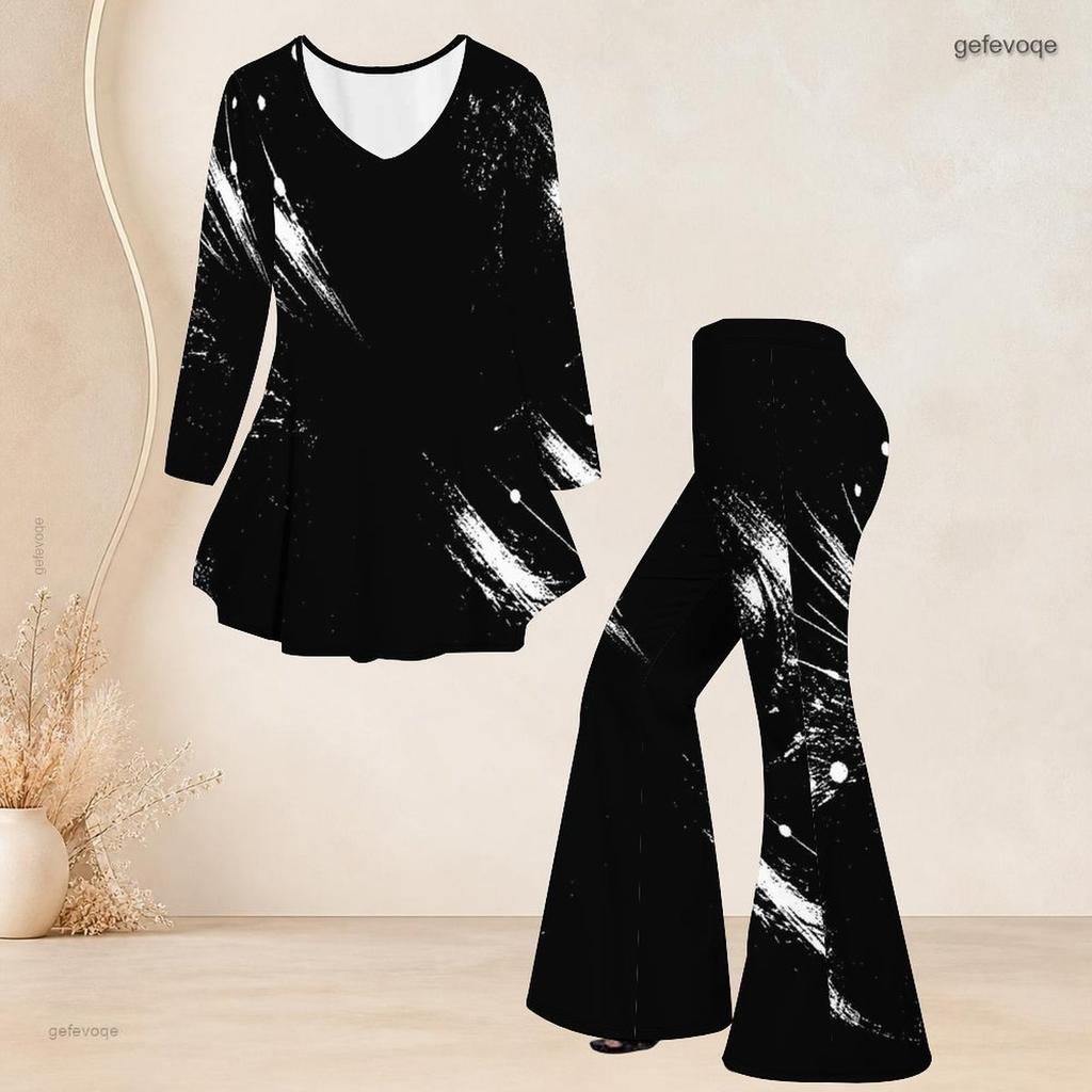 Women Plus Size V Neck Long Sleeve Printed Flared Top Flared Pants Two Piece Set