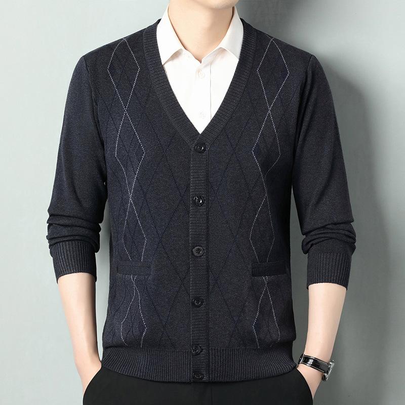 Осень Зима Новый Узор Кардиган с Длинным Рукавом Среднего Возраста Утолщенное Пальто Вязаный Мужской L чёрный