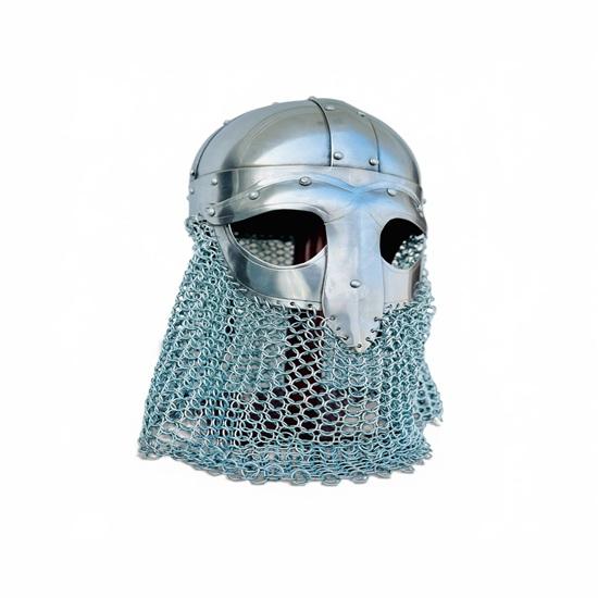 Vendel Style Viking Steel Helmet with Etching and Chainmail, Display Stand
