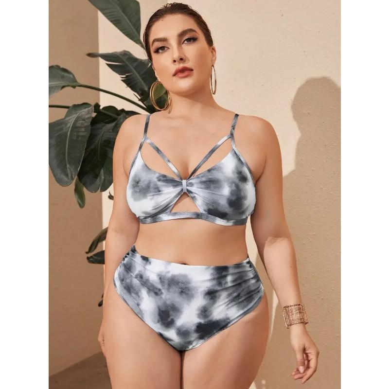 Print 2 Piece Plus Size Bikini Women Strapped Hollow Large Swimsuit High Waist Lady Swimwear Chubby Curvy Bathing Suit