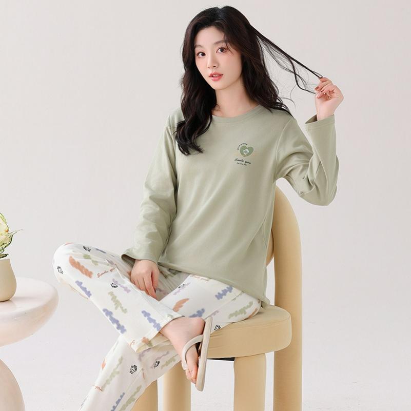 Pure Cotton Pajamas Women's Autumn Long-sleeved with Chest Pads Women's Casual Loose Large Size Cotton Home Service Suit
