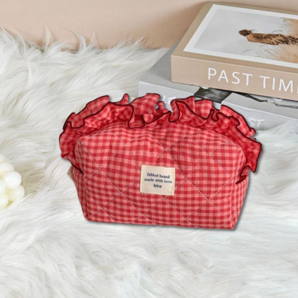 With Zipper Ruffle Makeup Bag Plaid Pattern Wash Storage Bag Sweet Toiletry Organizer  Skincare