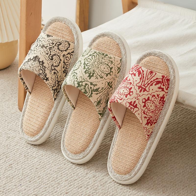 Linen slippers women's summer retro indoor home flooring spring and autumn thick-bottomed fabric cotton and linen slippers four seasons men