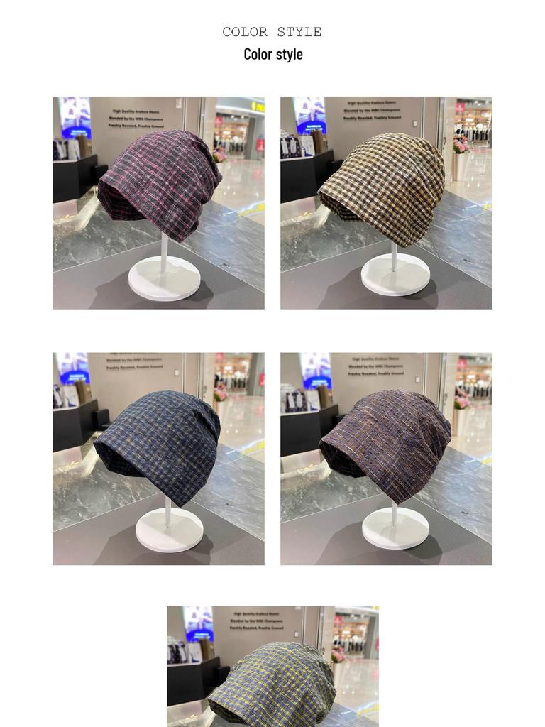 European & Korean Plaid Head Wrap: Wasteland Style, Loose Slouchy Beanie for Large Head Circumference, Trendy Hot Girl Bandana Hat.