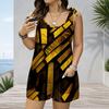 Women Plus Size Black White Printed Sleeveless Scoop Neck Tie Strap Loose Romper With Pockets