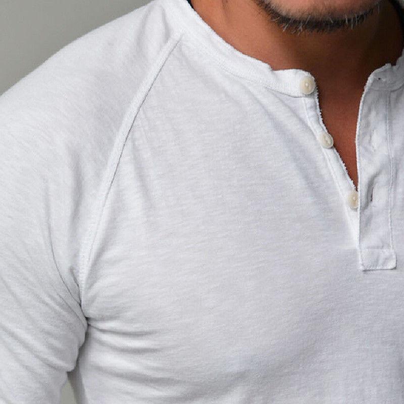 Mens Long Sleeve Henley T Shirt Solid Color Slim Fit Casual