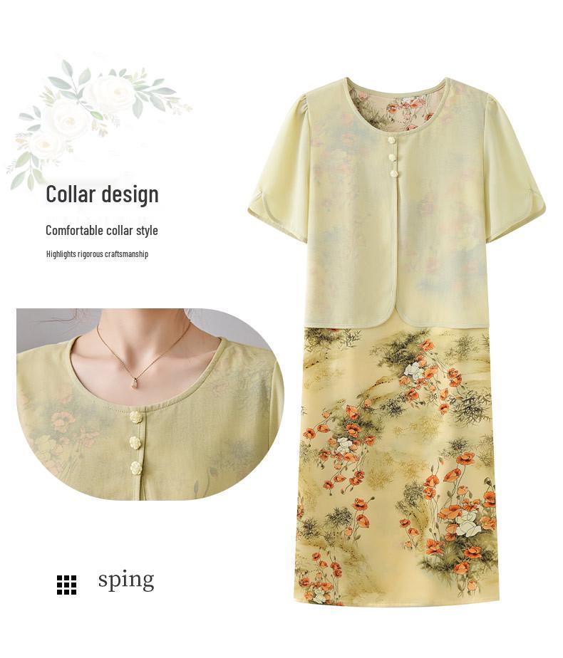Elegant Summer Chiffon Floral Dress for Petite Middle-Aged and Elderly Women