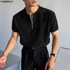 INCERUN Men Zip-up Neck Short Sleeve Texture Rib Casual T-Shirts Tops