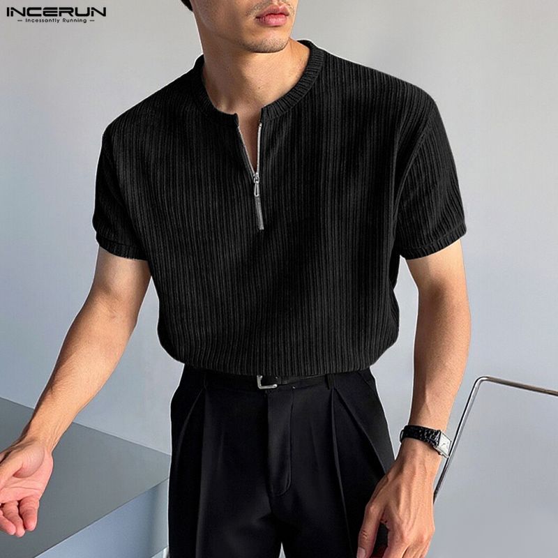 INCERUN Men Zip-up Neck Short Sleeve Texture Rib Casual T-Shirts Tops