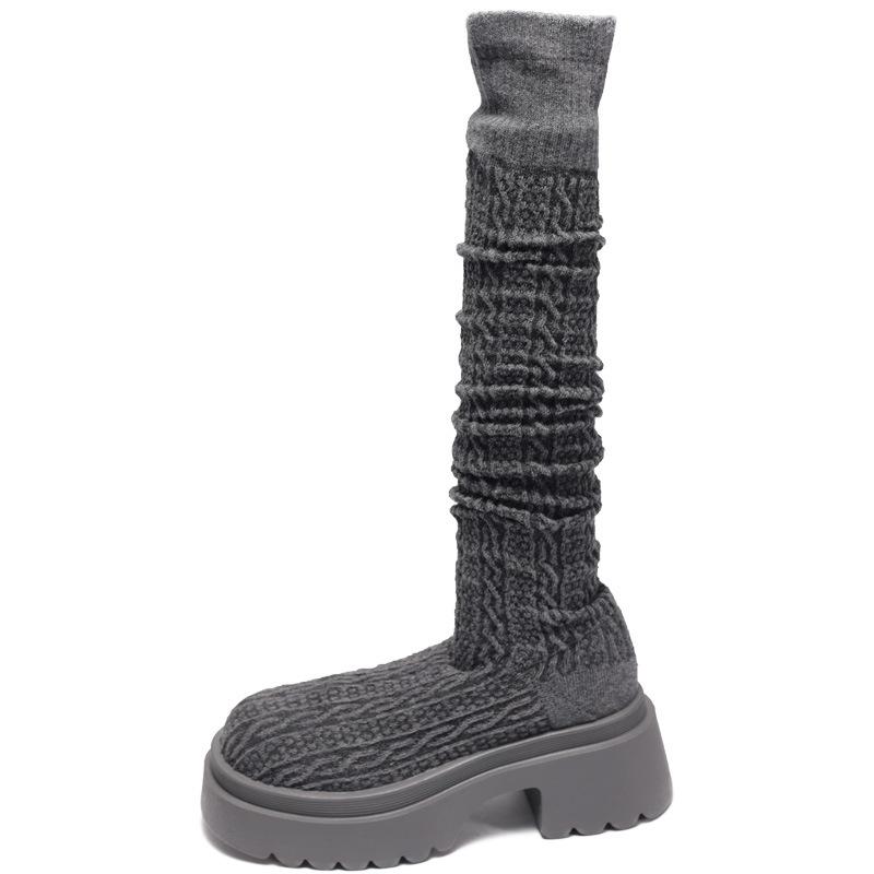 Autumn and winter knee high heel knitted sleeve boots women's socks fashion boots new high elasticity thin thick heel versatile