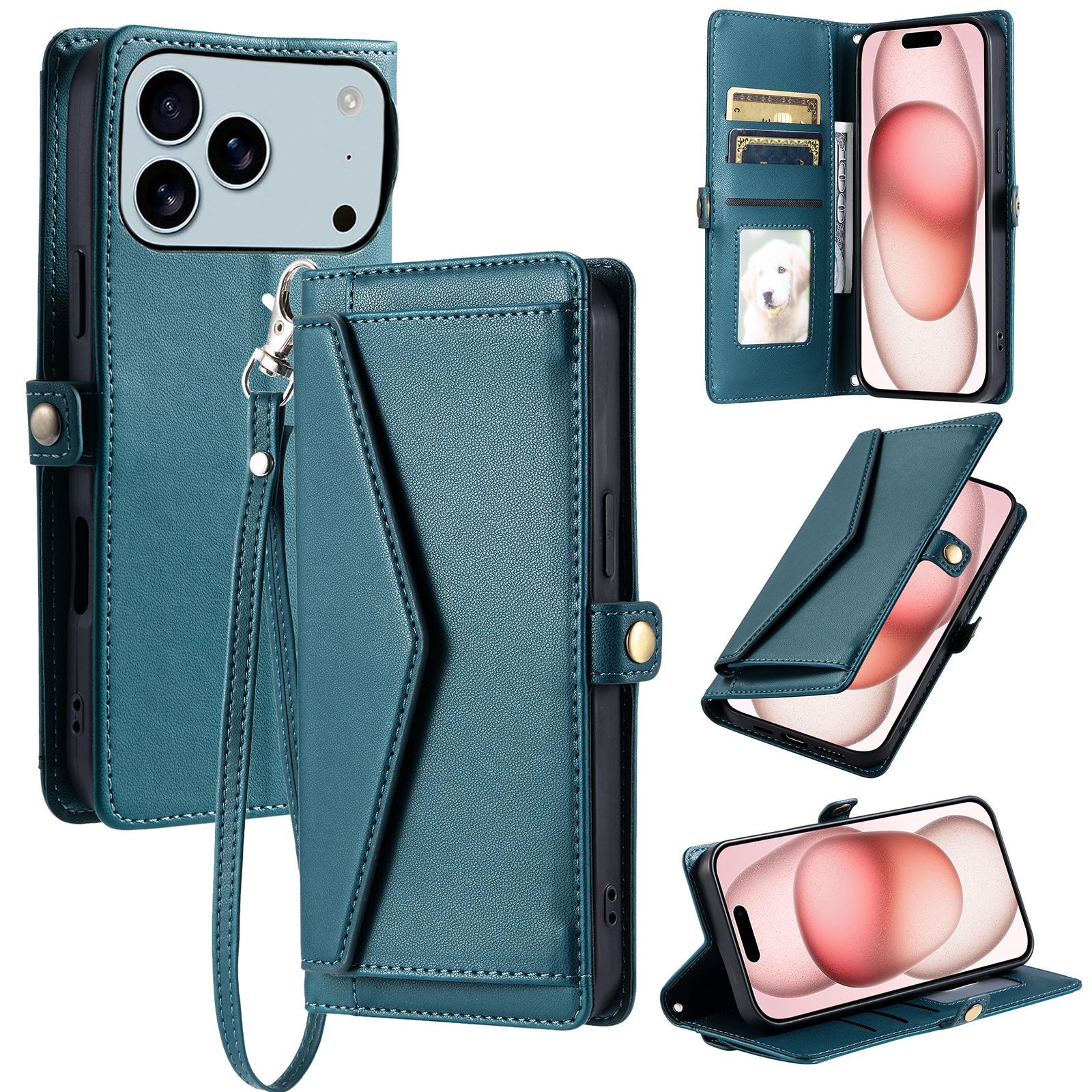 

For iPhone 17 Pro Max Leather Case with Wrist Strap Wallet Stand Phone Cover Blackish Green