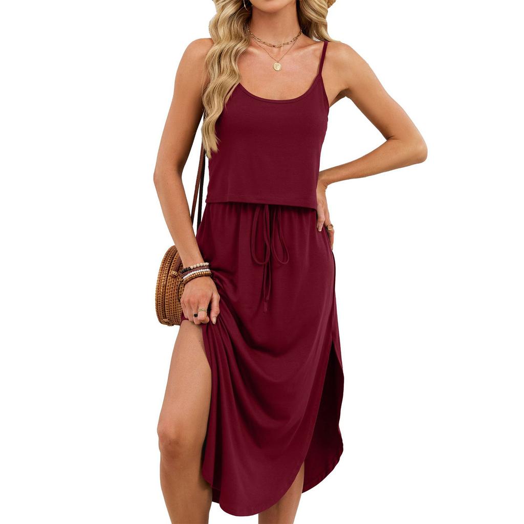 Women's Fashionable Summer Vacation Color Round Neck Sleeveless Suspender Hem Slit Dress