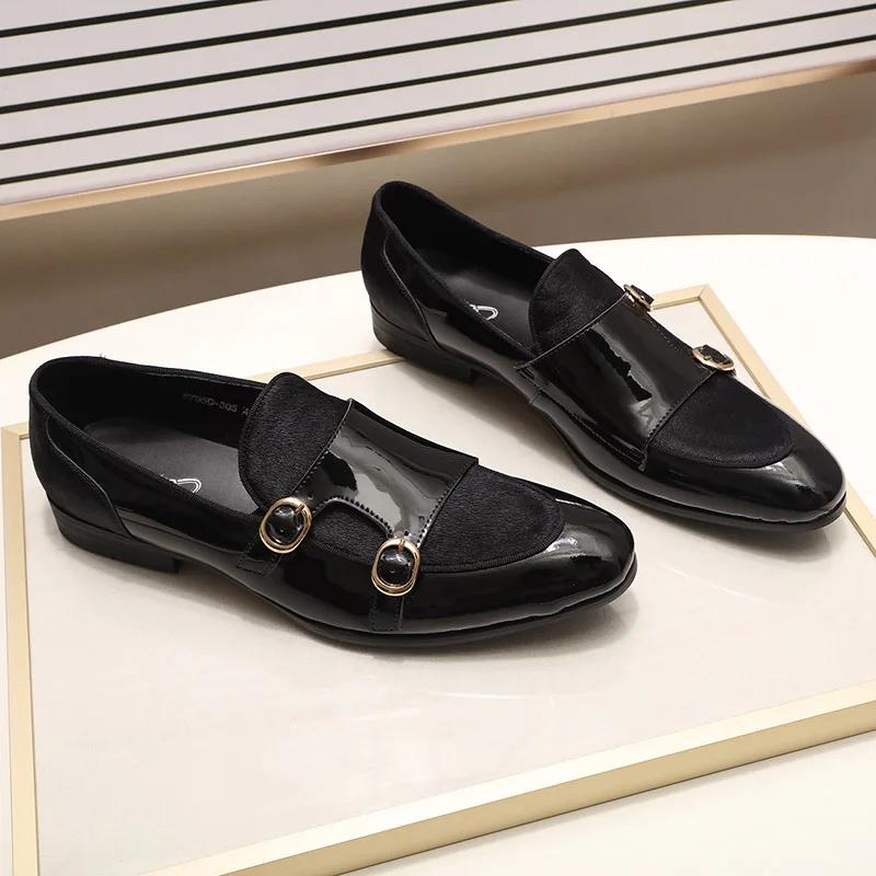 FELIX CHU Men's Patent Leather Monk Strap Dress Shoes Wedding Loafers Horse Hair Detail Casual Formal Party Gentlemen Footwear