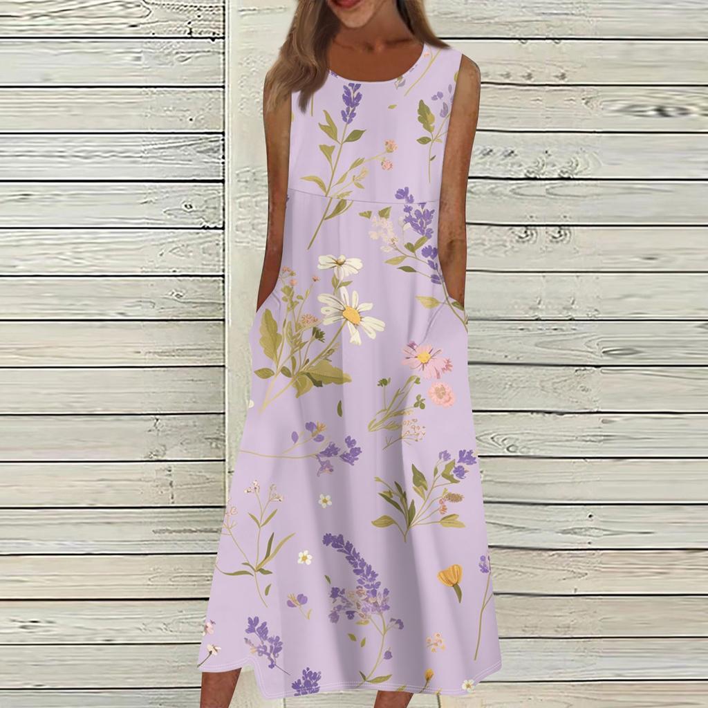 Women's Casual Printed Dresses Round Neck Basic Classic Outdoor Daily Sleeveless Loose Dresses