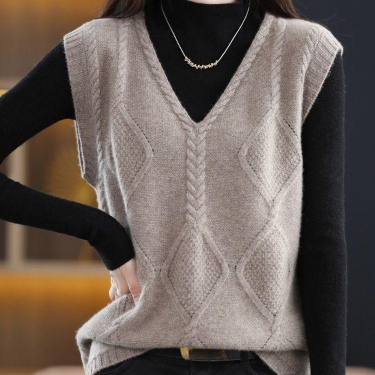 Women's Knitted Sweater Vest Top - V-Neck Hollow-Out Design, Casual Fall/Winter Pullover, Polyester, No Bra Pad, Japanese/Korean Special Collection