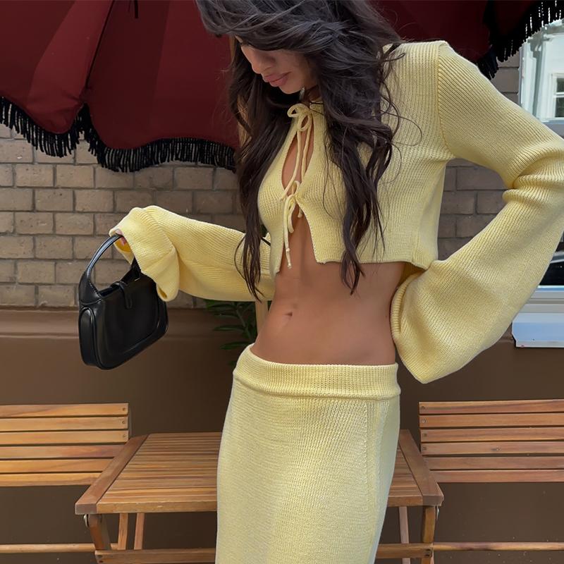 Slim Lace Up Knitted Top Skirts Set Women O-neck Flare Sleeve Hollow Out Crop Tops High Waist Split Skirt Spring Autumn Casual Outfits