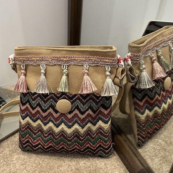 Ethnic Style Canvas Small Crossbody Bag With Wave Patterns And Decorative Tassels For Casual Outings