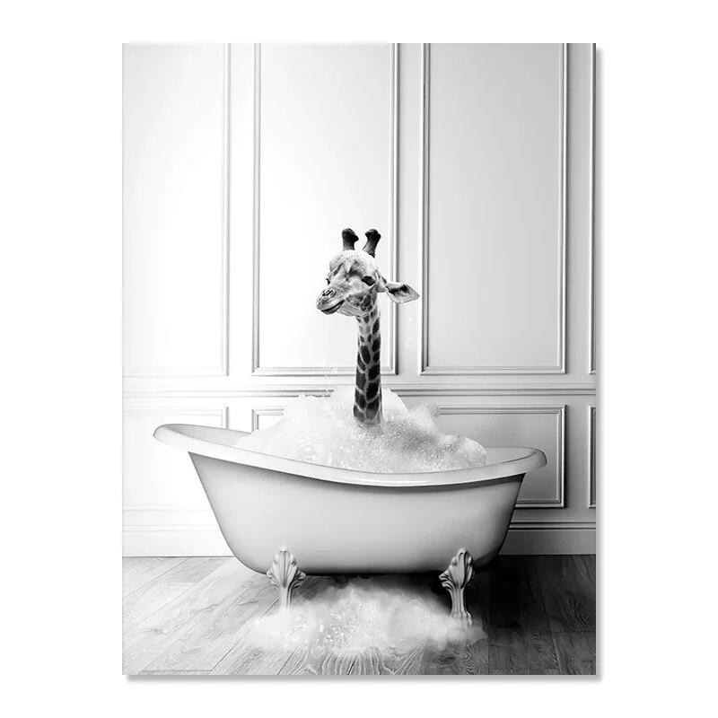 Black White Animals Elephant Penguin Giraffe In Tub Bathroom Wall Art Canvas Painting Posters and Prints Wall Picture Room Decor