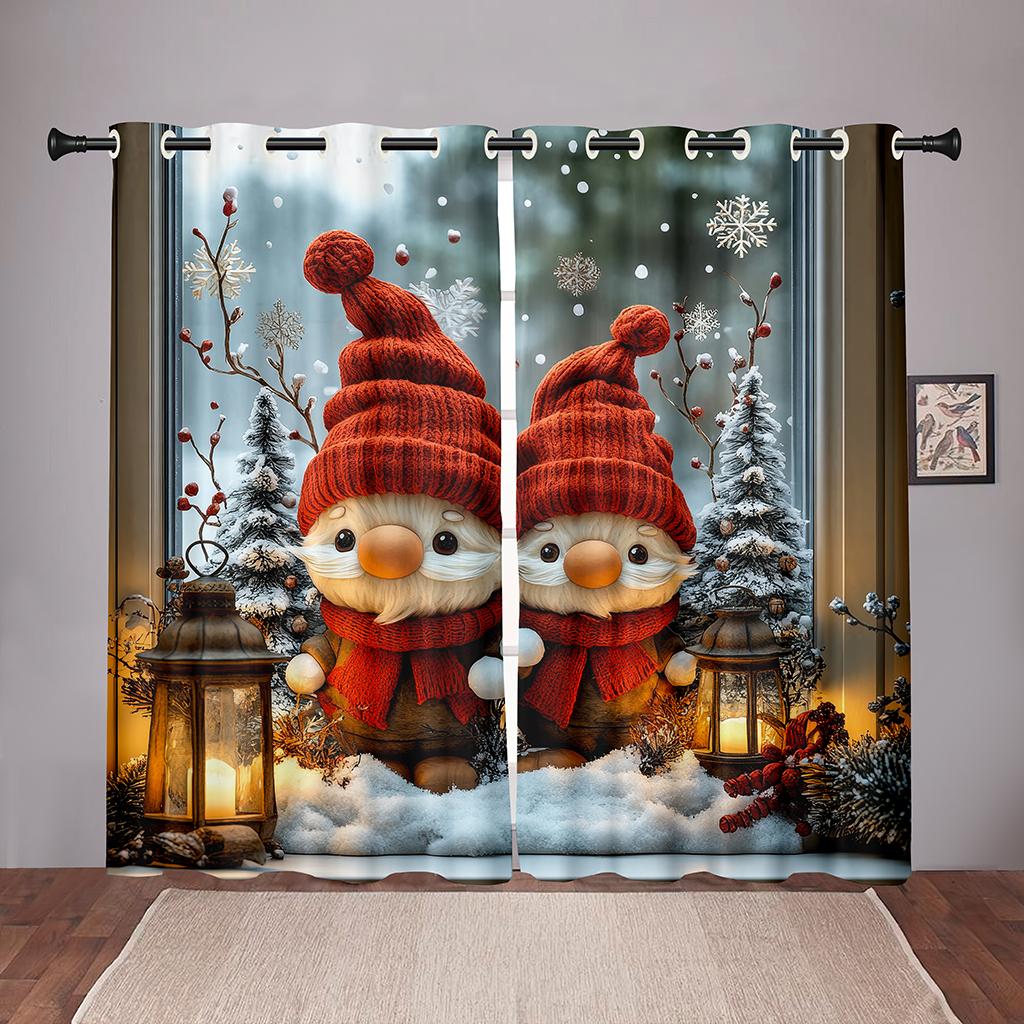 

Рождественские шторы с гномами, 2 панели, 3D-принт, солнцезащитный блок, зимний праздничный декор для спальни, гостиной, узор со снежным фонарем, уютный, праздничный 50W60H(CM)X2PCS&Rod Pocket