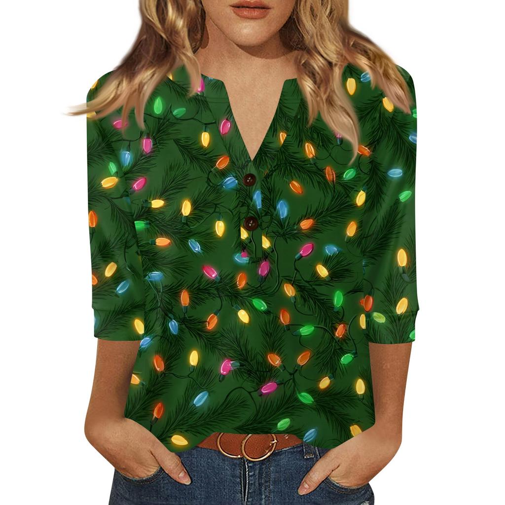 Women's T Shirt Christmas Print Button 3/4 Sleeve Daily Weekend Fashion Basic V- Neck Regular Top
