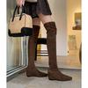 Inner height increase over knee elastic boots women's 2025 autumn and winter new suede square head bag legs thin boots brown thin boots