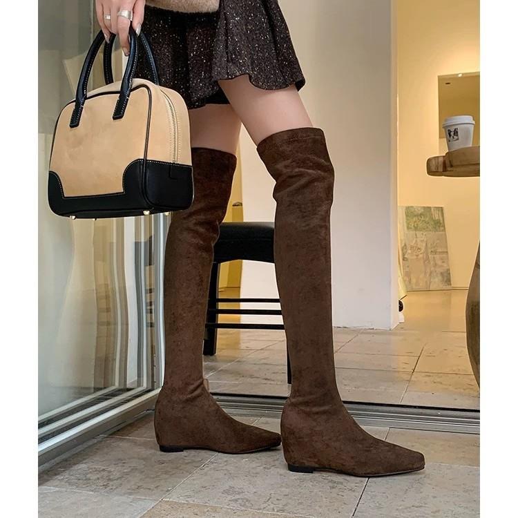 Inner height increase over knee elastic boots women's 2025 autumn and winter new suede square head bag legs thin boots brown thin boots