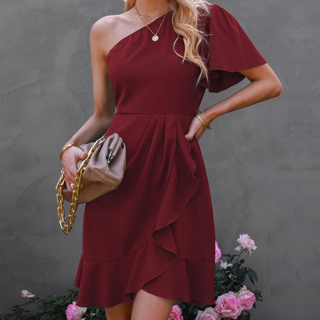 Woman Bodycon Lotus Dress Summer Fashion Short Sleeve One Shoulder Party Mini Dresses Casual Female Boho Beach Dress