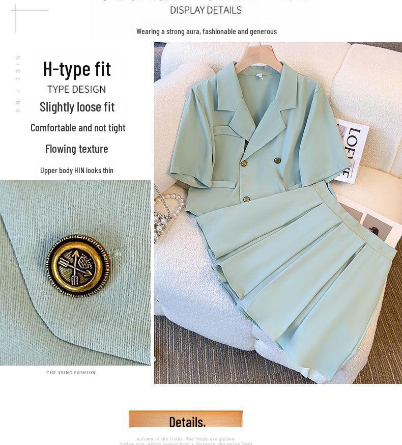 Korean-Style Plus Size Pleated Skirt Suit with Irregular Collar Top