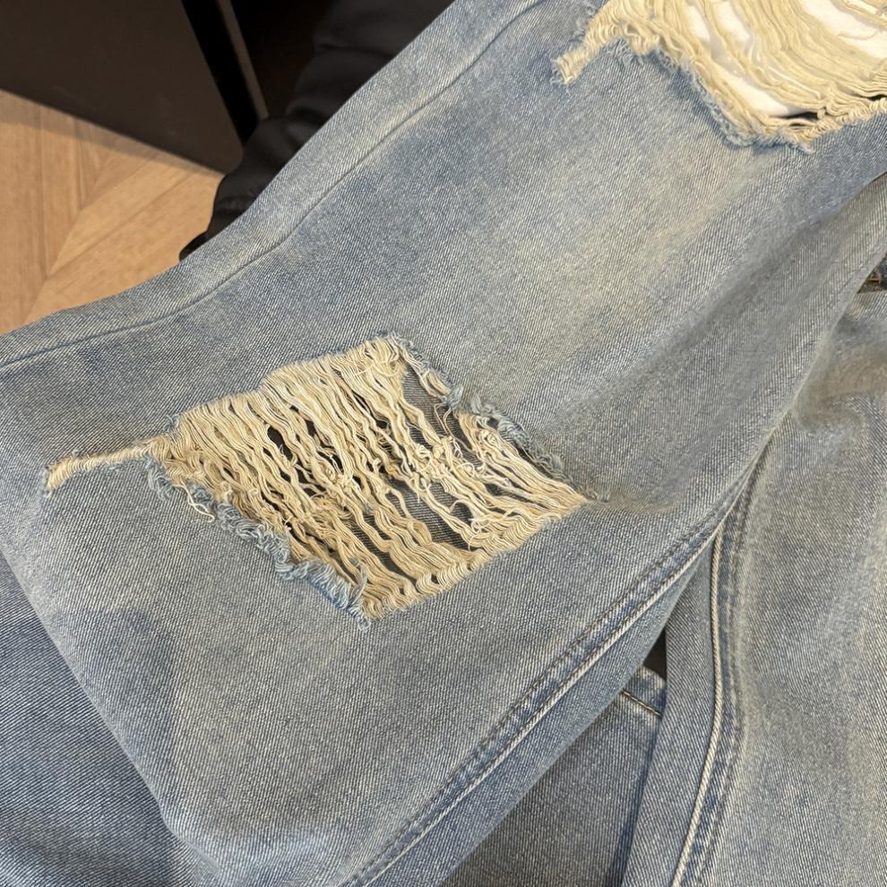 Summer Thin Ripped American Hot Girl Design Wide-Leg Jeans with Natural Waist Slimming for Women