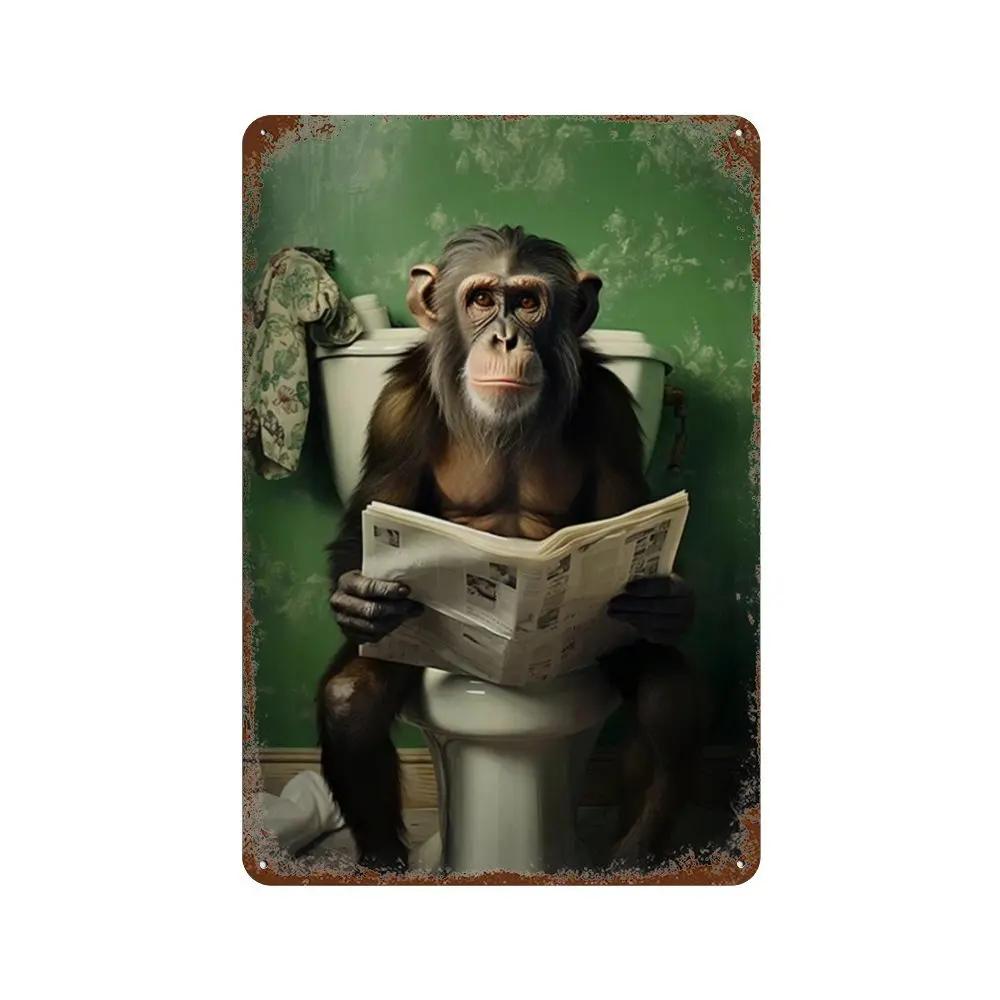 Funny Animal Posters Metal Tin Sign Plaque Dog Monkey Reading Newspapers Decorative Plates For Toilet Bathroom Wall Art Decor