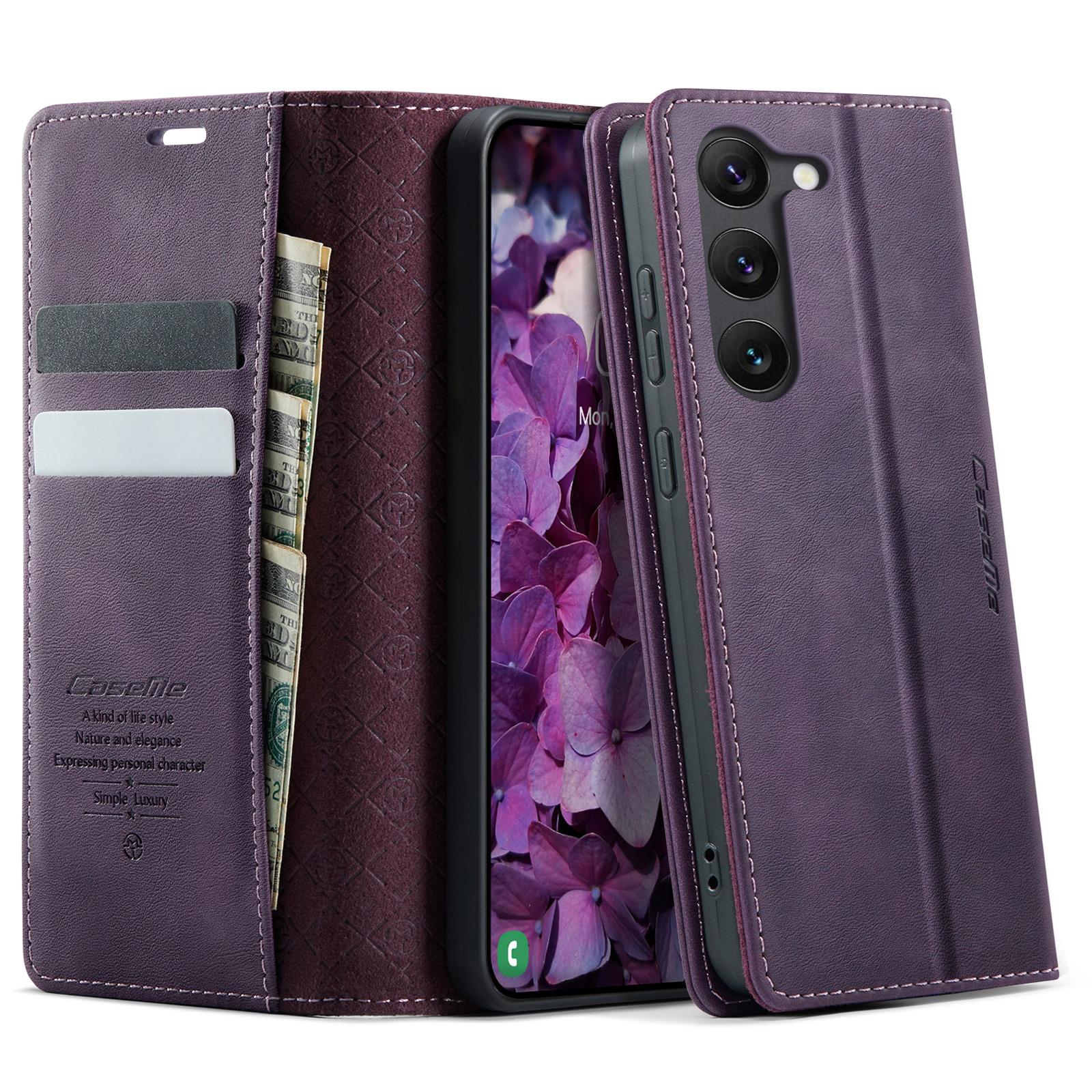

For Samsung Galaxy S23 Case CASEME 033 Series RFID Blocking Wallet Stand Calf Texture Leather Phone Cover Purple