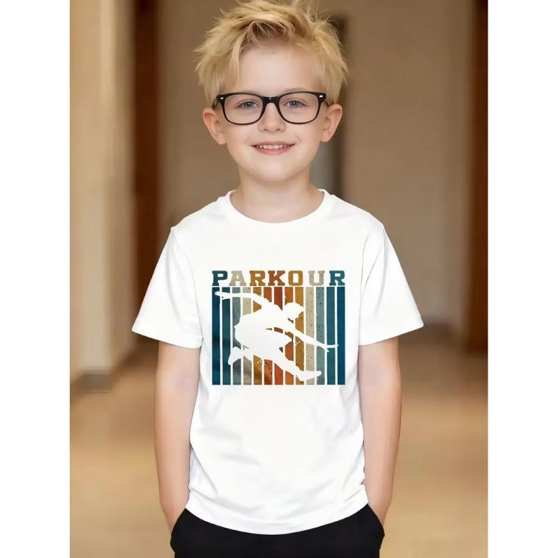 European sizes Kids Parkour-Themed Trendy Cool T-Shirt, White Version, Features PARKOUR Vintage Color-Block Lettering + Parkour Silhouette Print 110 белый