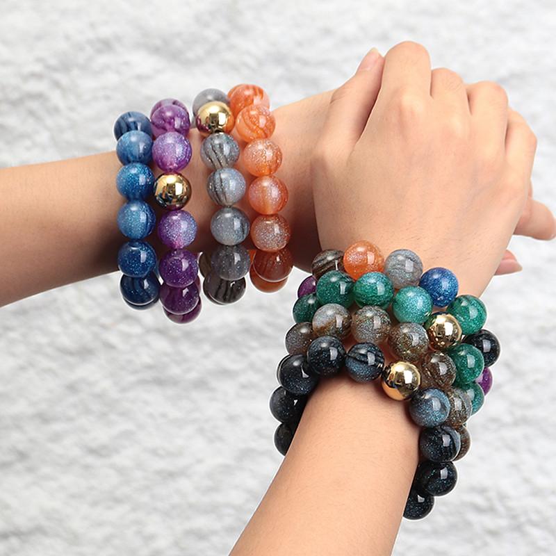 Fashion Acrylic Big Round Beaded Bracelet for Women Simple Glitter Colorful Handmade Strechy Bracelets Jewelry Accessories Gift