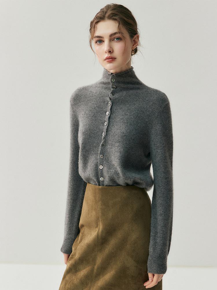 Damen Kaschmir-Strickjacke mit gerolltem Saum - Herbst/Winter Neuheit; Weicher, vielseitiger einreihiger Rollkragenpullover mit mehrknöpfigen langen Ärmeln