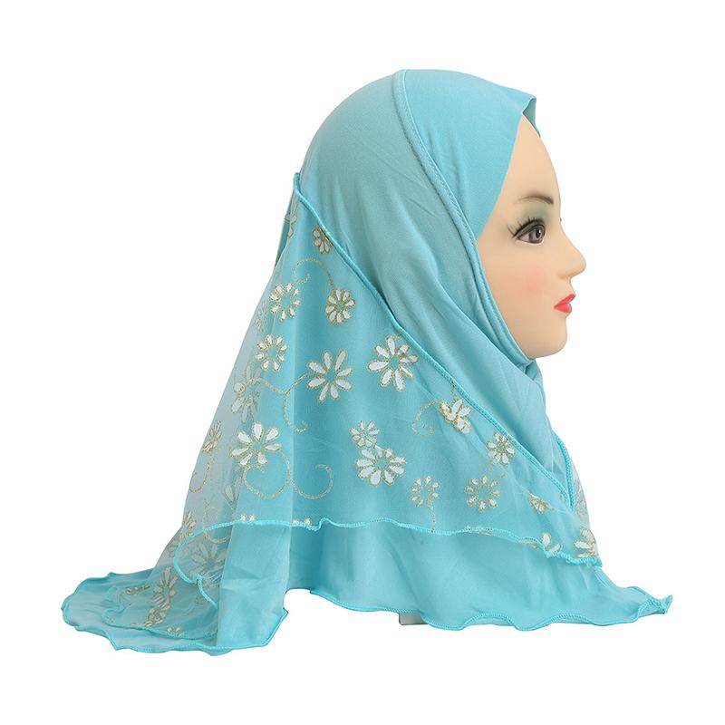 1Pc Headscarf with Flower Girls Hijab Scarf Beautiful Ice Silk Kids Solid Color Children Headwear Muslim