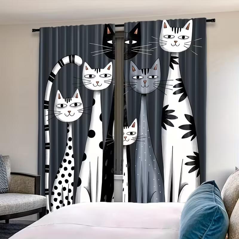 Vikama Cat Cute Print Curtains Living Room Bedroom Study Bathroom Privacy Protection Home Decoration Curtain Modern Polyester Washable Sitting Ready