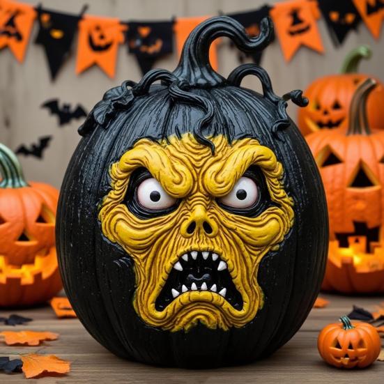 Halloween Pumpkin Figurine Resin Pumpkin Face Sculpture Spooky Pumpkin Halloween Decor for Home Office Desktop Decoration