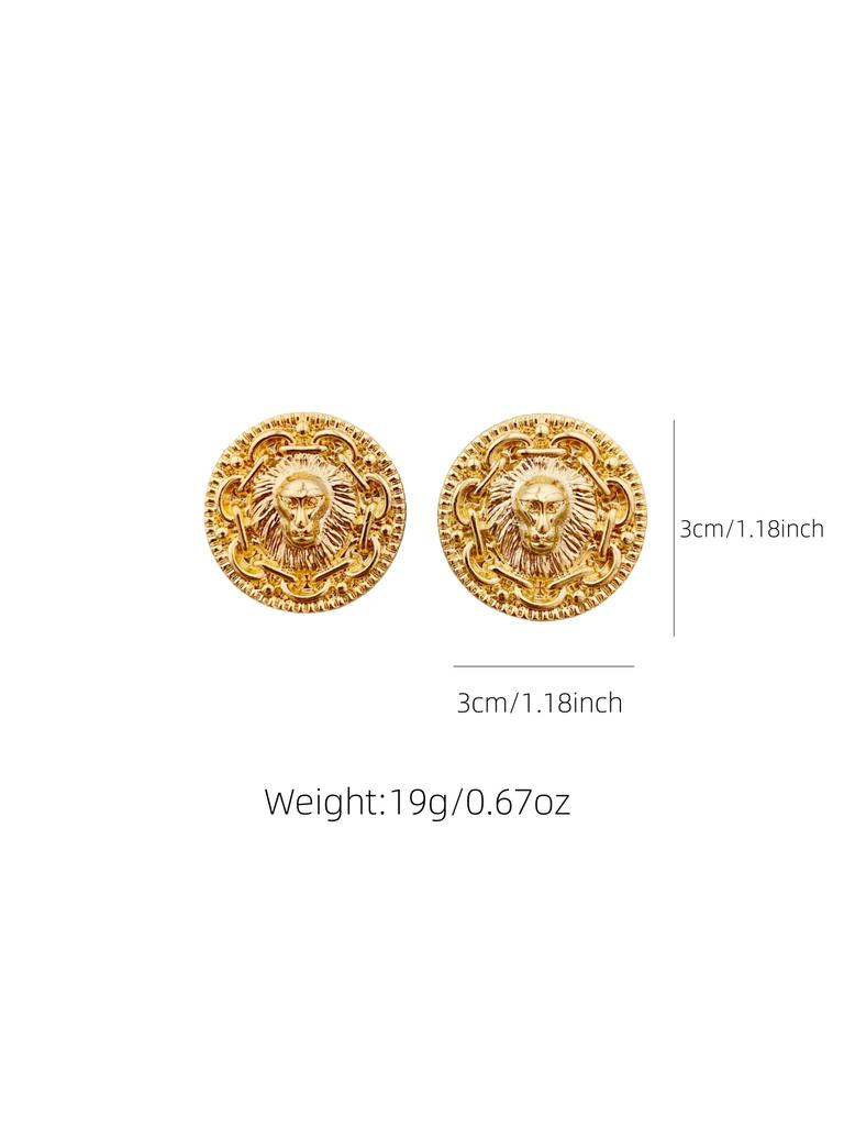 Fashionable vintage lion head round earrings for women, made of zinc alloy