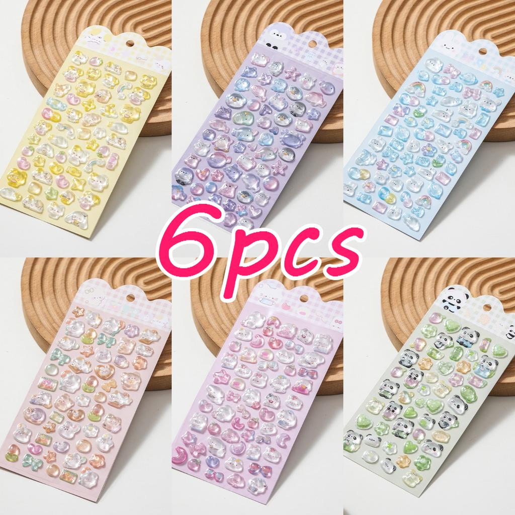 6PCS 3D Crystal Animal Relief Stickers - Sweet Candy Aesthetic Decals Waterproof for Diary Album Phone Case Keyboard Girls Gifts