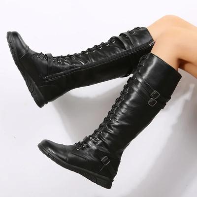 Women Boots Fashion High Tube Leather Boots Buckle Design Women Knee-high Boots Lace Up Non Slip Flat Booties Botas Largas Mujer