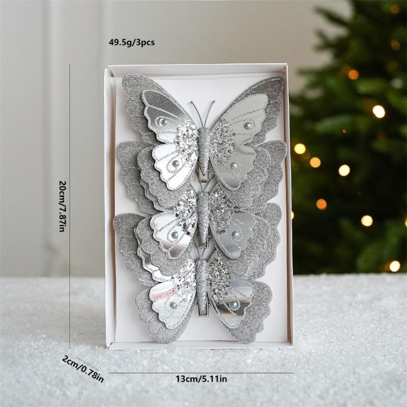 Pack Of 3 Double Layer Butterfly Christmas Tree Clip Accessory Elegant Fabric Ornament For Holiday Decorations