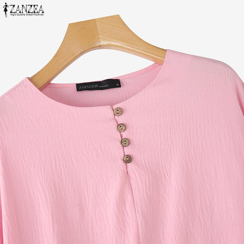 ZANZEA Blusa Casual de Mujer de Cuello Redondo Suelta de Manga 3/4 Lisa