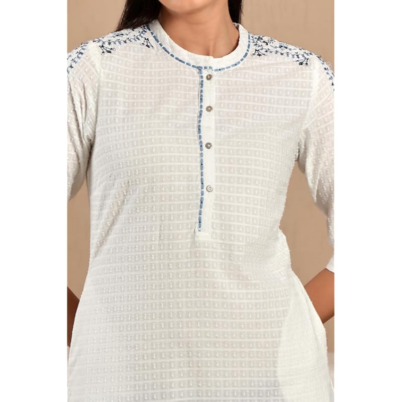 W White Cotton Thread Work Straight-Long Kurta for Women
