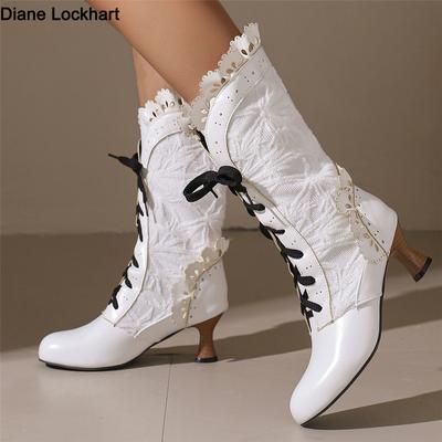 Damen Sexy Schnürstiefel Mittelhochschaft Vintage Gothic Spitze High Heel Stiefel Viktorianischer Steampunk Cosplay Herbststiefel Schuhe 34-48