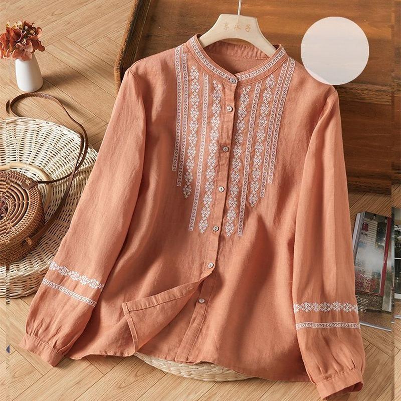

Retro Artistic Embroidered Cotton Linen Stand Collar Loose Long Sleeve Women s Shirt Spring Top 3XL помаранчевий